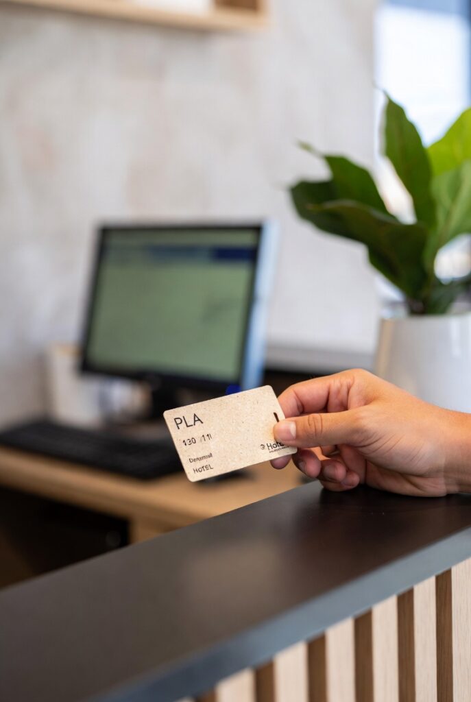 Guest holding sustainable PLA hotel key card at eco-friendly hotel reception – green hospitality trend
